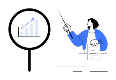Yükselen bir çubuk grafiğini öne çıkaran büyüteç, bir belge ve bir işaretçiyle birlikte. Analiz, iş büyümesi, eğitim oturumları, strateji, araştırma ve eğitim için ideal