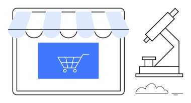 E-ticaret konsepti. Bir alışveriş arabası ve mikroskop araştırması ile çevrimiçi bir mağazanın e-ticareti. E-ticaret, bilimsel analiz, perakende, eğitim, yenilik