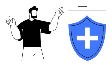 Mavi kalkanı işaret eden adam sağlık, güvenlik, destek, tıbbi bakım ve güvenliği temsil eden artı işareti taşıyor. Sağlık hizmetleri, virüs koruması, güvenlik tedbirleri ve sigorta riski için ideal