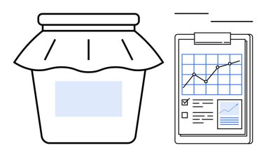 Büyüme çizelgesi, kontrol listesi ve notların bulunduğu panonun yanında basit bir tasarımı olan kavanoz. İş analizi, ürün pazarlaması, satış, araştırma, planlama, büyüme izleme ve veri için ideal