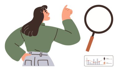 Analiz, büyüteç ve veri tablosuna bakan kadın keşif, araştırma ve stratejiyi ön plana çıkarıyor. Veri analizi, gözlem, odaklanma, iş keşfi, karar verme kavrayışı için ideal