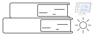 Yığınlanmış kitaplar, veri görselleştirmeli bilgisayar monitörü ve eğitim, teknoloji ve esin kaynağını birleştiren güneş patlaması. Bilgi, öğrenim, yenilik, üretkenlik gelişimi araştırmaları için ideal