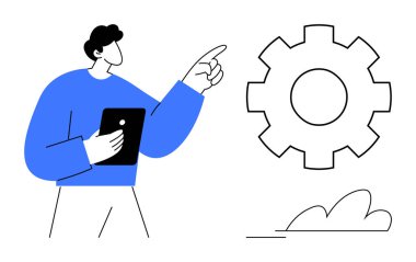 Tablet tutan ve bulutun yanındaki büyük vitese bakan kişi. Teknoloji, süreç, yönetim, ayarlar, yenilik, takım çalışması ve geliştirme kavramları için idealdir. Basit düz metafor