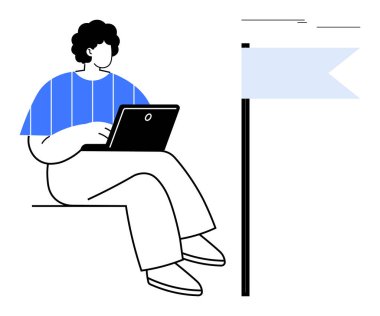 Bir dizüstü bilgisayarla bayrak direğinin yanına oturan kişi gelişimi, odaklanmayı ve başarıyı simgeliyor. Eğitim, verimlilik, hedef belirleme, uzaktan çalışma, başarı motivasyon ve strateji için ideal