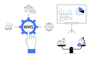 Depo Yönetimi Sistemi WMS iş akışı. WMS lojistik ve envanter optimizasyonunu işliyor. WMS depo, küresel dağıtım ve finansal verileri birbirine bağlar. Lojistik ve iş için ideal