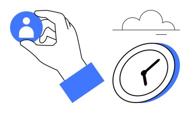 El ele tutuşan kullanıcı simgesi, saati gösteren saat, yukarıdaki bulut. Zaman yönetimi, kaynak tahsisi, programlama, kullanıcı seçimi, verimlilik karar verme stratejisi için ideal. Basit düz metafor