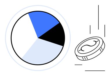 Düşen bir madeni paranın yanında mavi, siyah ve beyaz kesitli turta grafiği. Finans, yatırım, bütçe, kâr analizi, refah dağılımı karar verme ve strateji için idealdir. Basit düz