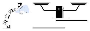 Risk bloğu harflerini serbest düşüşe çeviren bir adam denge ölçeği ve sonuçları gösteriyor. Risk yönetimi, karar verme, değerlendirme, tartma seçenekleri, problem çözme için ideal