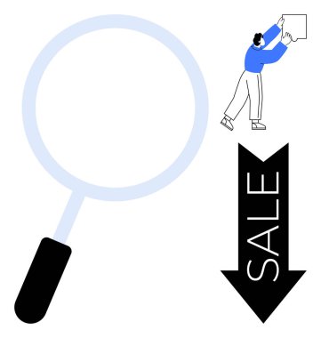 Alışveriş konsepti. Büyüteç, satış oku ve indirimli kutuları kaldıran adamın sembolleri. Alış veriş, arama yapmak ve indirimler bulmaktır. Perakende, e-ticaret, promosyonlar için.