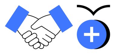 Ortaklık kavramı. Mavi bir tıbbi haç ikonu aracılığıyla bir tokalaşma ve sağlık sistemiyle ortaklık. Ortaklık güveni ve sağlık hizmetleri işbirliğini teşvik eder. İş için, sağlık.