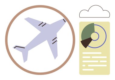 Bulut şekilli sembollü bir veri tablosunun yanında dairesel bir çerçevede bir uçak. Havacılık, seyahat analitiği, lojistik, teknoloji, verimlilik, çevresel etki, basit düz metafor