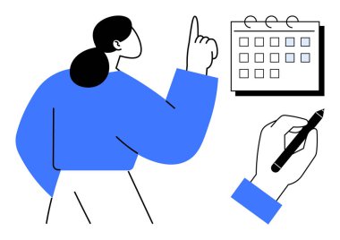 Başka bir el kalemle yazarken, bir kadın takvimdeki tarihleri işaret ediyor. Program, iş akışı, planlama, organizasyon, görev yönetimi, verimlilik, zaman takibi için ideal. Basit düz metafor