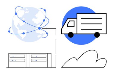 Lojistiği, küresel bağlantıyı ve bulut depolamayı temsil eden bağlantı noktaları, dağıtım kamyonu, bulut ve veri sunucularıyla dolu bir dünya. Ulaşım, teknoloji ve dağıtım ağı verileri için ideal