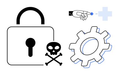 Asma kilit, çapraz kemikli kafatası, teçhizat, robot el ve dijital çapraz siber güvenliği, riskleri, teknolojiyi, programlamayı, yenilikçi güvenlik otomasyonunu simgeliyor. Güvenlik bilişim mühendisliği için ideal