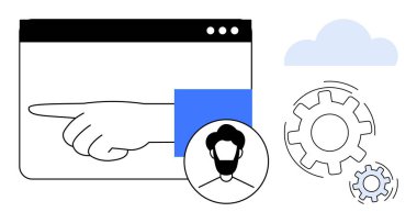 Tarayıcı penceresinde el gösterimi, kullanıcı profili simgesi, dişliler ve bir bulut ögesi. Takım çalışması, otomasyon, dijital süreçler, kullanıcı arayüzü tasarımı, bulut hesaplama projesi yönetimi için ideal basit