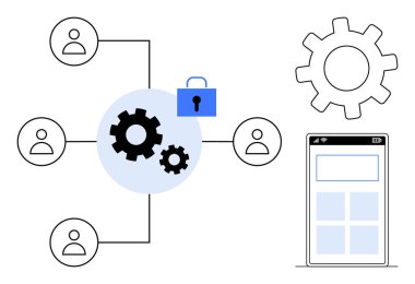 Birbirine bağlı takım üyeleri, vitesler, kilit ve mobil uygulama gösterisi işbirliği, güvenlik ve teknoloji. Takım çalışması, iletişim, üretkenlik otomasyon mobil uygulamaları için ideal