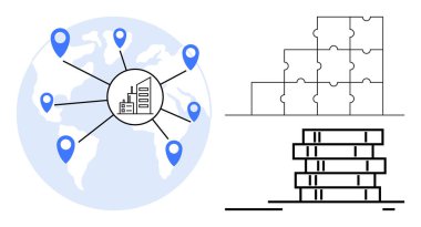 Küresel tedarik zinciri Haritayla küresel tedarik zinciri görselleştirme, iş bağlantıları ve işbirliği için yapboz yapısı. Lojistik, yönetim ve stratejide küresel tedarik zinciri. İdeal