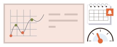 Veri noktalarıyla analiz çizelgesi, anımsatıcı uyarısı ile takvim ve izleme için hız göstergesi. Üretkenlik, zaman yönetimi, iş stratejisi, KPI izleme, verimlilik, planlama için ideal