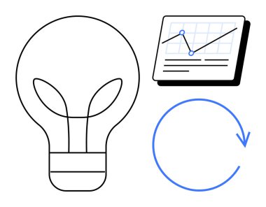 Yeniliği sembolize eden ampul, veri analizini gösteren grafik, yinelemeyi gösteren dairesel ok. Yaratıcılık, strateji, süreç, büyüme, iş dünyası için ideal basit düz metafor