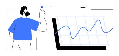 Grafik ızgarasında yukarı doğru grafik verilerini vurgulayan adam. Analiz, veri eğilimleri, araştırma, iş büyümesi, mali raporlar, eğitim ve sunumlar için ideal. Basit düz metafor