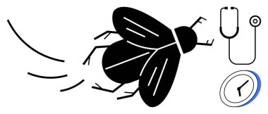 Stetoskop ve saatle eşleştirilmiş uçan bir böcek. Zaman yönetimi, sağlık izleme, farkındalık, hız, aciliyet, bilimsel araştırma ve hızlı hareket için idealdir. Basit bir düz metafor.