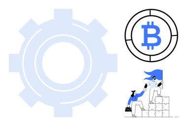Dişlileri sembolize eden sistemler, Birbirini destekleyen iki bireyi temsil eden Bitcoin veya dijital finansman, işbirliğini tasvir eden. Takım çalışması, teknoloji, kripto para birimi için ideal