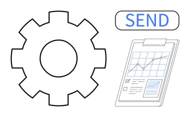 Vites, analiz panosu ve iş akışı, veri analizi ve iletişim düğmelerini gönder. Otomasyon, verimlilik, strateji teknolojisi planlama ekip çalışması için ideal. Basit.