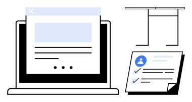 Web sayfasını gösteren dizüstü bilgisayar, kullanıcı avatarı ve bar tablosu çerçeveli belge kontrol listesi. Çevrimiçi anketler, kullanıcı geribildirim, veri örgütü, müşteri deneyimi, analiz, uzaktan çalışma için ideal