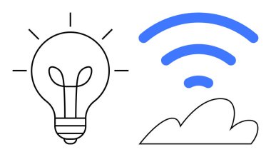 Ampul fikirleri önerir, kablosuz olarak bir bulutun üzerinde yenilik, iletişim ve bağlantı tasvir edilir. Teknoloji, yaratıcılık, ağ oluşturma, bulut hesaplama, beyin fırtınası veri paylaşımı için ideal