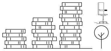 Kitap yığınları büyümeyi simgeleyen boy artışı, şık bir ofis sandalyesi ve basit bir ağaç tasarımı ile birlikte. Eğitim, bilgi, kariyer büyümesi, iş hayatı dengesi ve öğrenme için ideal