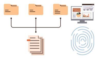 Bağlı dosya dizinleri, organize belgeler, kimlik doğrulama için parmak izi ve analitik gösterge paneli. Veri organizasyonu, güvenlik, iş akışı, bilgi işleme, dijital dönüşüm için ideal