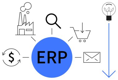 Fabrikayı, alışveriş arabasını, e-postayı, dolar işaretini, büyüteç ampulünü temsil eden ikonların merkezindeki ERP. İş yönetimi, entegrasyon, finans yenilik tedarik zinciri için ideal