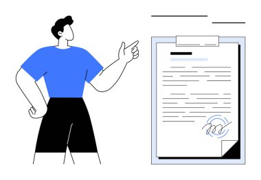 Panoda imzalı resmi belgeye el kol hareketi yapan kişi. Sözleşme gözden geçirme, belge, anlaşma, iletişim, sunum, yasal kavramlar için ideal, basit düz metafor