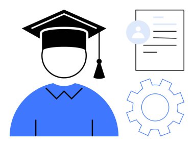 Eğitimi, becerileri, kariyer yollarını, işe hazır olmayı ve ömür boyu öğrenmeyi sembolize eden bir başlık, özgeçmiş ve vitesi olan akademik mezuniyet figürü. Eğitim ve istihdam eğitimi için ideal büyüme