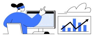 Bir bilgisayar üzerinde çalışan kişi, bulutun yanındaki yukarı doğru grafikleri gösteriyor. Veri analizi, teknoloji, yenilik, büyüme, iş planlaması, bulut hesaplama profesyonel işi için idealdir. Basit.