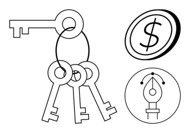 Bir yüzükle birbirine bağlı üç eski anahtar, finansı sembolize eden bir dolar para ve yaratıcılığı temsil eden dijital kalem ikonu. Yatırım, güvenlik, erişim, tasarım, yaratıcılık ve iş için ideal