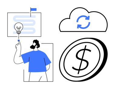 Adam bir akış şeması, bulut senkron simgesi ve dolar sikkesi üzerinde bir ampulü işaret ediyor. Yenilik, strateji, bulut hizmetleri, fintech, dijital dönüşüm finansal planlama yaratıcılığı için idealdir. A