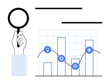 Elele tutuşan büyüteç denetleme çubuğu ve çizgi grafiği mevsimlik simgelerle birlikte ızgarada. Analiz, iş büyümesi, pazar eğilimleri, tahmin, araştırma, veri yorumlaması için ideal, basit düz