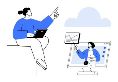 Uzaktan çalışma konsepti. Uzaktan çalışma dijital işbirliği, çevrimiçi iletişim ve sanal toplantılar yoluyla gösterilmiştir. Uzaktan çalışma verimliliği, eğitimi ve dijital erişilebilirliği artırır. İdeal