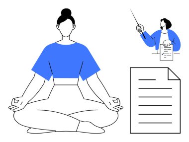 Oturmuş bir pozisyonda meditasyon yapan bir kadın, belgeye işaret eden öğretmen, destekleyici unsur olarak büyük kağıt levha. Farkındalık, sağlık, öğrenme, sakinlik, eğitim, odaklanma için ideal