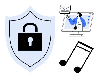 Dijital güvenlik kavramı. Kalkan kilidi siber güvenlik ve koruma. Çevrimiçi eğitim ve müzik arayüzleri ile dijital öğrenme. Teknoloji, eğitim ve medya endüstrisi için. Konular arasında