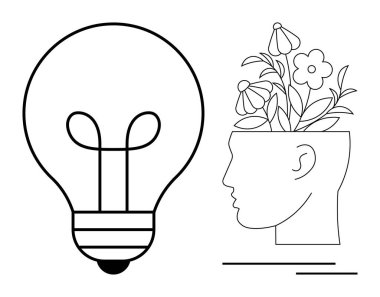Ampul fikirleri simgeler, çiçek açan kafa ise zihinsel büyüme ve yaratıcılığı simgeler. Yenilik, beyin fırtınası, eğitim, psikoloji, kendini geliştirme, sürdürülebilirlik, yaratıcılık için ideal