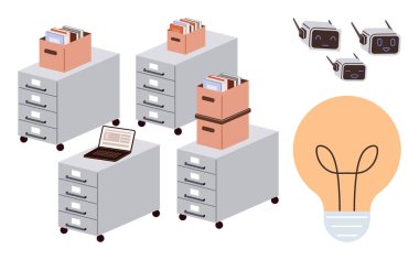 Dosyalama dolapları dosyalarla dolu, bir bilgisayarda, yüzleri olan küçük teknolojik cihazlar, ve parlayan bir ampul. Organizasyon için ideal, iş verimliliği, yaratıcı fikirler, teknoloji, takım çalışması