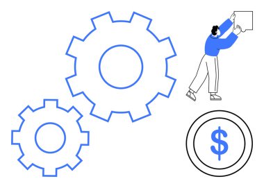 İş süreci konsepti. Vites otomasyonu ve operasyonlarda verimlilik. İşçi etkinliği ve para birimi bağlantısıyla ticari yenilik vurgulandı. Finans, iş akışı sistemleri, girişimler için