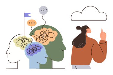 Kafaları karışık düşünceler, konuşma baloncukları, bulutu gösteren bir figür. Beyin fırtınası, akıl sağlığı, problem çözme, berraklık, yenilik takım çalışması kişisel gelişim için idealdir. Basit düz