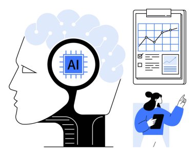Yapay zeka çipli bir insan kafası profili, sinirsel ağları temsil eden bağlantılı noktalar, veri grafikli pano ve profesyonel analiz verileri. Yapay zeka, teknoloji, veri bilimi ve yenilik için ideal