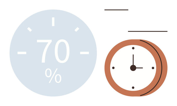 Процент в синем круге в паре с аналоговыми часами подчеркивает прогресс и отслеживание времени. Идеально подходит для производительности, эффективности, целей, сроков, планирования, графиков, простой плоской метафоры