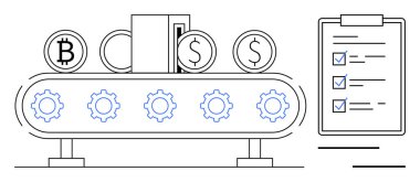 Üzerinde Bitcoin, dolar ve bozuk para sembolleri taşıyan taşıma bandı. Sistemin yanındaki kontrol listesi. Fintech, otomasyon, kripto para birimi, süreç yönetimi, üretkenlik dijital ekonomi için ideal basit