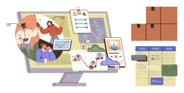 İşbirlikçi ekip çalışması, dijital görev panoları, lojistik yönetimi, ambalaj kutuları ve iletişim uygulamaları. Takım çalışması, üretkenlik, lojistik, organizasyon iş akışı süreçleri için ideal