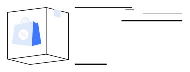 Üzerinde indirim sembolü olan mavi alışveriş torbası şeffaf bir kutunun içinde hızla hareket ediyor. E-ticaret, dağıtım, lojistik, çevrimiçi anlaşmalar, promosyonlar, perakende satış, pazarlama için ideal. Basit düz metafor